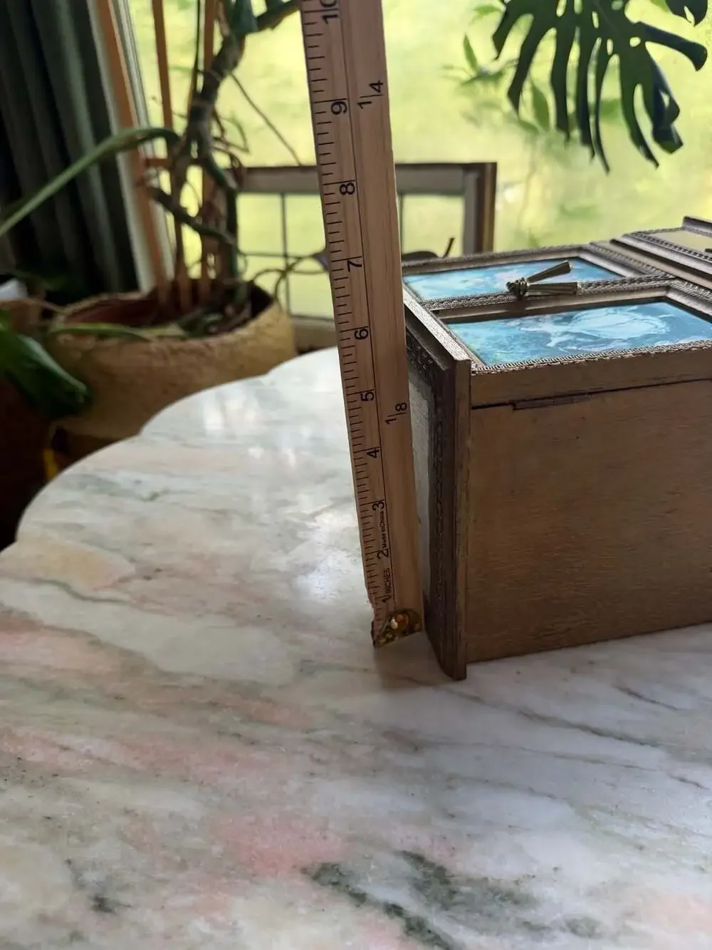 Vintage Florentine Wooden Miniature Armoire Jewelry Box with Romantic Scene Pane
